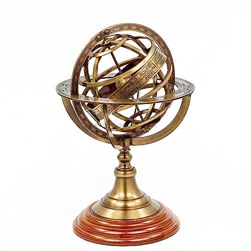 Image of Antique Vintage Zodiac Armillary Brass Sphere Globe Wooden Display | Pirate's Antique Ship Decor | Nagina International (Large, Antique Brass)