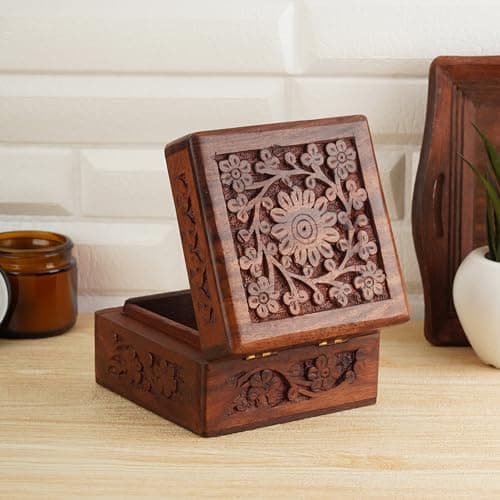 Image of Ajuny Wooden Jewellery Box Small Hand Carved Trinket Box Floral Design Treasure Chest Case, Handmade Decorative Travel Keepsake Storage Organiser, Unique Gift for Men & Women 4 x 4 Inch