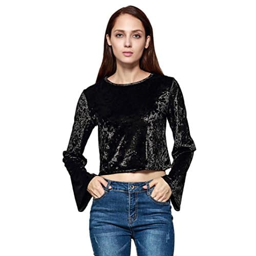 Image of HOMEBABY Women Long Flare Sleeve Sweatshirt, Short Pullover Crop Tops Velvet Blouses Size 10-20 (Black, 18-20)