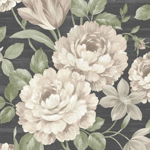 Image of SOPHIE LAURENCE Cream & Black Floral Wallpaper – Textured Fabric-Effect Heavyweight Vinyl | Soft Green & Grey Flower Trail on Black | Feature Wall Wallpaper Roll 10m