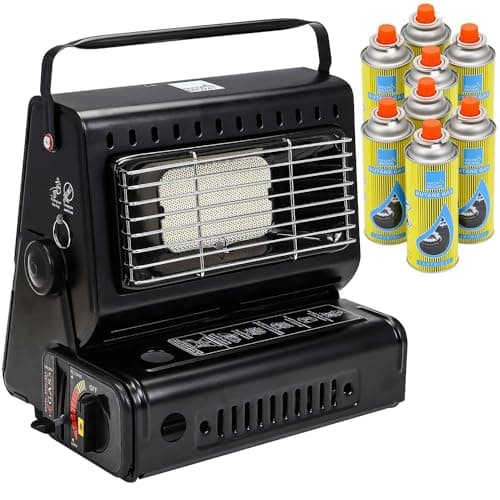 Image of Greenfields Outdoor Gas Heater with 8 Canisters, Portable 1.3kW Camping Heater with Ceramic Burner, Compact Lightweight, Auto Ignition Safety Grill for Patio Garden Caravan, Black
