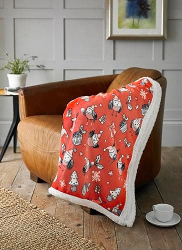 Image of Jansons Direct Linens Rocking Robins Design Sherpa Reverse Supersoft Deyongs Throw in Red 125cm x 150cm