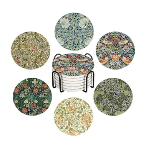 Image of WWOOPLL William Morris Drink Coasters Set of 6, Vintage Botanical Floral Garden Absorbent Round Ceramic Stone Mat Coaster, with Cork Base and Metal Holder, Anti-Slip Cork Bottom for Mugs and Glasses
