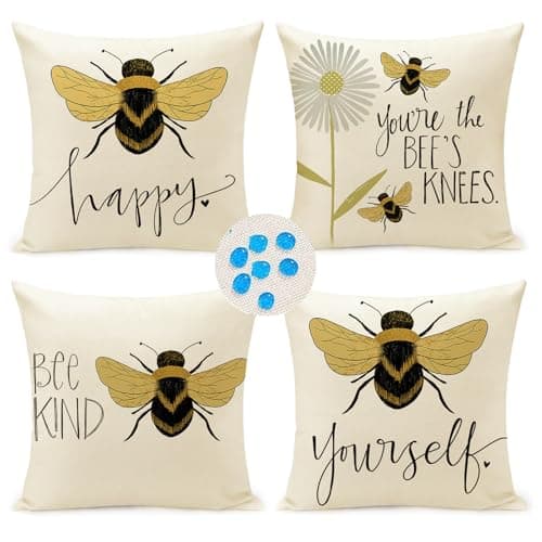 Image of KUNQIAN Bee Cushions Cover Outdoor Waterproof Cushions Yellow Bee Pillow Covers Set of 4 Home Decorative for Sofa Linen Square Outside Office 18x18 Inch 45x45cm