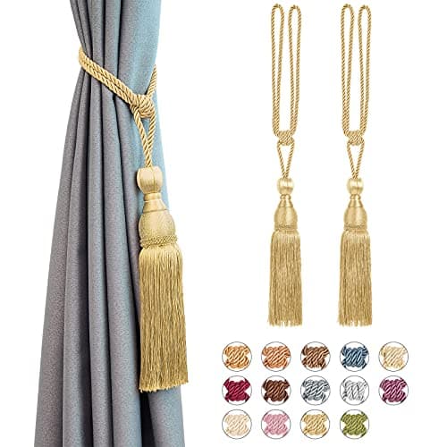Image of Pretty Jolly 2 Pack Mesh Ball Tassel Curtain Tiebacks European Vintage Style Curtain Holdbacks Handmade Braided Rope Decorative Drape Tie Backs for Home and Office Window Drapery (Light Gold)
