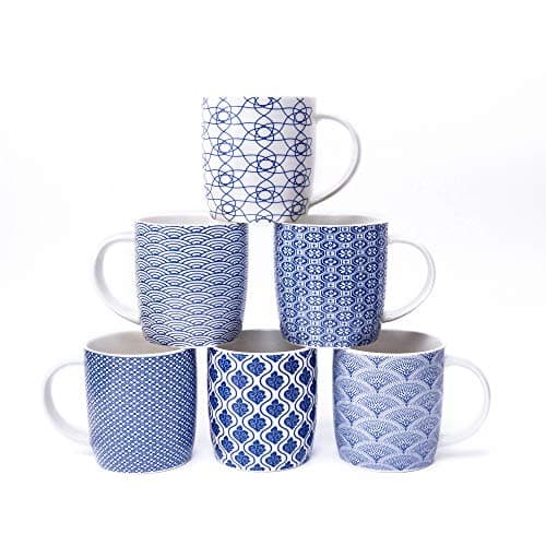 Image of MACHUMA Set of 6 Coffee Mugs 340 ML/11.5 oz with Blue and White Geometric Patterns, Ceramic Tea Cup Set 6 Pack