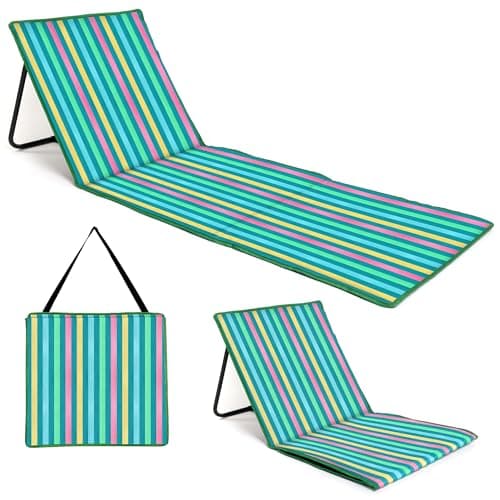 Image of just be... Beach Sun Mat Folding Lightweight Portable Adjustable Sunbathing Recliner with Backrest Support and Valuables Pocket for Holidays Garden Camping Park Festivals - Dark Multicolour Stripes