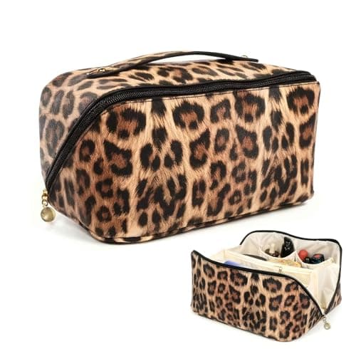 Image of YONEEKSS Leopard Print Makeup Bag for Women, Large Capacity Travel Make Up Bag, Waterproof Portable PU Leather Toiletry Bag with Divider and Handle (Brown)