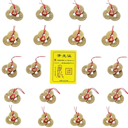 Image of Brass Chinese Feng Shui Coins with Red String – 5 Emperor Styles for Wealth, Prosperity & Good Luck | Decor for Home, Office, Car – Perfect for Lunar New Year, Christmas (20 Sets)