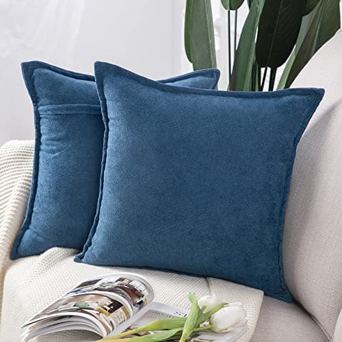 Image of Madizz Set of 2 Short Chenille Throw Pillow Covers 18x18 Inch Denim Blue Soft Decorative Cushion Cover for Sofa Bedroom Pillow Shell
