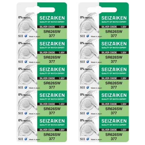 Image of Seizaiken 377 SR626SW 1.55V 0% Hg Silver Oxide Watch Battery (10 Batteries) Made in Japan by Seiko
