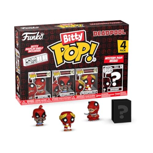Image of Funko Bitty POP! 4 Pack: Marvel - Deadpool - Dinopool. Barista, Roman Senator, Mystery Mini Figure - Styles may vary - 0.9 inch (2.2 cm) Collectable - Stackable Display Shelf Included - Gift Idea
