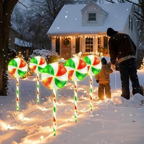 Image of ADEPTNA 5-Piece Candy Cane Christmas Decorations Lights - 60 LED Outdoor Pathway Lights with Timer, 8 Modes - Battery Powered Garden Outdoor & Driveway Décor (Lollipop)