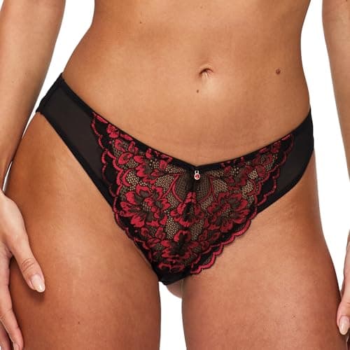 Image of Ann Summers Sexy Lace Brazilian Knickers Stylish and Comfortable Womens Underwear with Two-Tone Lace, Mesh Panels & Brazilian Cut Back, Low-Rise Fit with Cotton Gusset Black/Red - Womens Lingerie