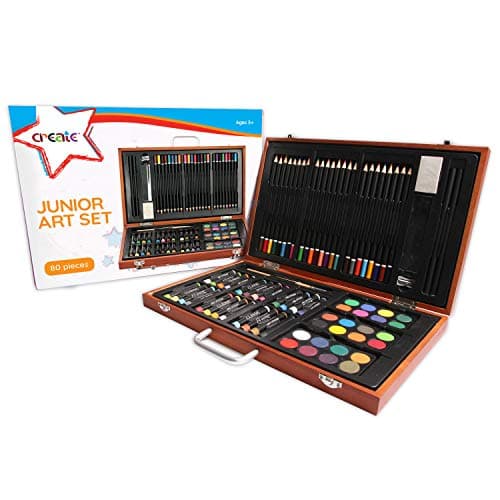 Image of Create Wooden Art Set - (80 Piece) Deluxe Art Creativity Set Box for Colouring, Drawing and Sketching, Gift for Artists