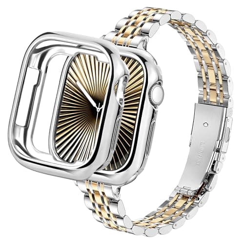 Image of wipalor Slim Stainless Steel Straps with Case for Apple Watch Straps Women 38mm 40mm 41mm, Ladies Metal iWatch Strap and Cover for Apple Watch Strap Series 9 8 7 6 5 4 3 2 1 SE, Silver and Gold