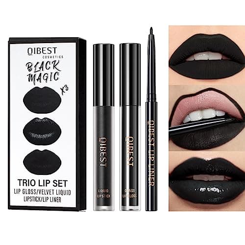 Image of Pakivs 3Pcs Black Matte Liquid Lipstick,Lip Liner,Lip Gloss Trio Lip Set Waterproof Long-Lasting Moisturizing Velvety Lip Stain One Step Lips Makeup Kits