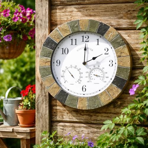 Image of Homezone Westminster 14inch Garden Clock and Thermometer, Garden Wall Features Waterproof Clocks Durable Garden Decorations Clock for Patio, Kitchen, Livingroom Décor (stone slate clock)