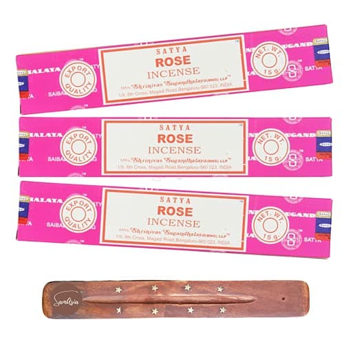Image of Satya Nag Champa Rose Incense Sticks | x3 pack | with SAMASIA incense sticks holder | Used for Aromatherapy, Spa, Yoga, Weddings, Meditation, Healing, Positivity and Relaxation