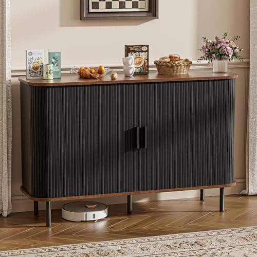 Image of BonVache Sideboard Cabinet, Buffet Storage Cabinet, Kitchen Cupboard with Tambour Sliding Door, Storage Unit for Living Room Home Dinning Room Modern,Black
