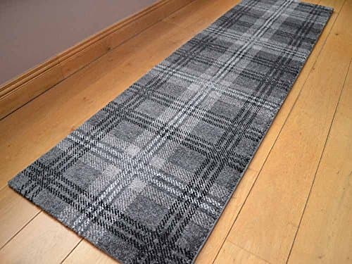 Image of Modern Soft Black Silver Tartan Highland Check Rugs (67cm x 240cm)