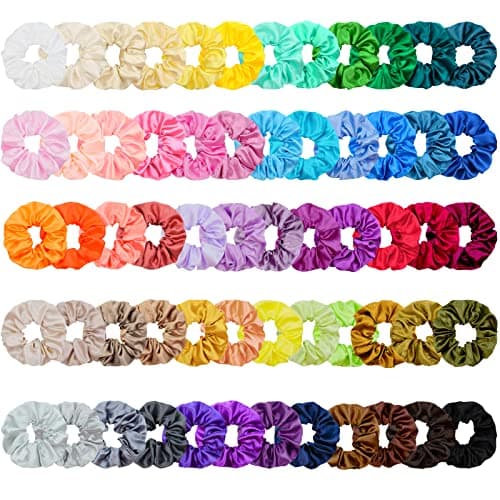 Image of Chloven 60 Pack Silk Large Satin Hair Scrunchies - Elastic Hair Bobbles Ponytail Holder Hair Scrunchy Vintage Hair Ties Curly Hair Accessories Scrunchies for Women Girls