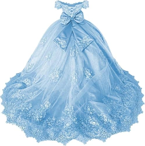 Image of Yifanier Girls Pageant Dress with Lace Applique Flower Girl Dress Crystal Off Shoulder Kids Ball Gown Light Blue