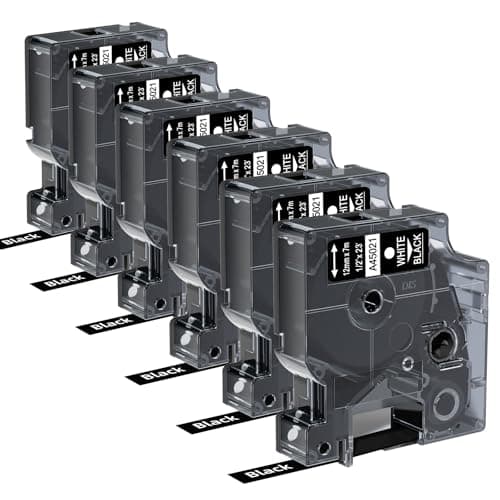 Image of 6X Compatible with Dymo D1 Label Tape 45021 White on Black 12mm x 7m Label Maker Refills d1 S0720610, for Dymo LabelManager 160 210D 280 360 LabelPoint 200 250
