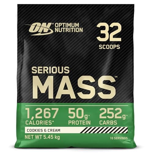 Image of Optimum Nutrition Serious Mass Protein Powder High Calorie Mass Gainer with Vitamins, Creatine and Glutamine, Cookies and Cream, 16 Servings, 5.45 kg, Packaging May Vary