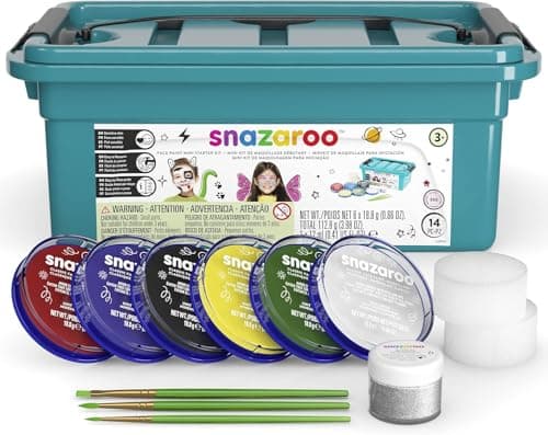 Image of Snazaroo Face Paint Mini Starter Kit for Kids and Adults, 14 Pieces, 6 Colours, 1 Glitter Gel, Brushes, Sponges, Guide, Water Based, Easily Washable, Makeup, Body Painting