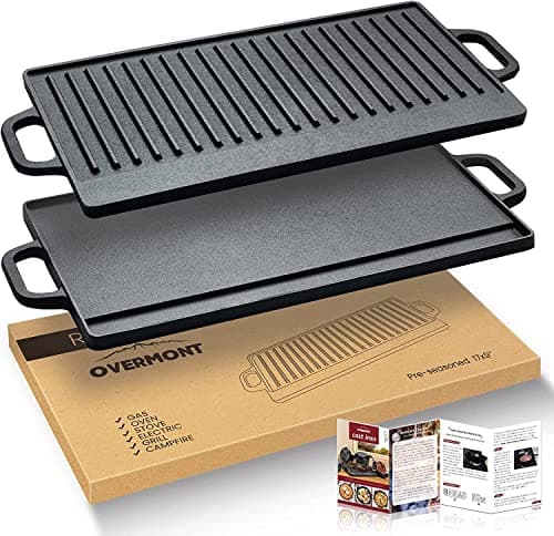 Image of OVERMONT Pre-Seasoned Cast Iron Reversible Griddle Grill Pan with Handles for Gas Stovetop Open Fire Oven, 51.2 * 23.5CM (20x9.2) - One Tray, Scrapers Included