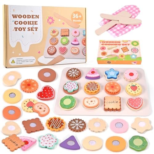 Image of Wooderma Wooden Toys, Slice and Bake Cookie 30 Pcs Wooden Play Food Toy Kitchen Accessories and Tea Set for Toddlers, Role Play Toys for 3+ Year Old Boys & Girls, Christmas, Birthday, Festival Gift