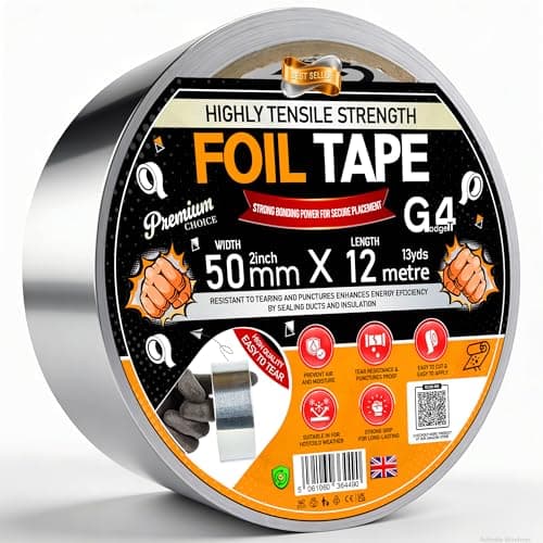 Image of G4GADGET Aluminium Foil Tape 50mm x 12m | Heat Resistant Silver Foil Tape for Insulation, Duct Sealing & HVAC Repairs | Strong Adhesive Metal Tape | Thermal & Underlay Tape