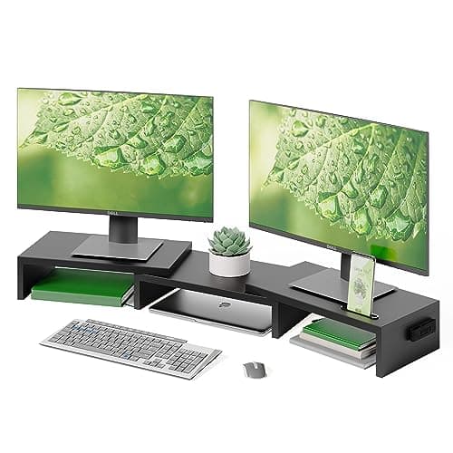 Image of BONTEC Dual Monitor Stand Riser, Adjustable Length & Angle, Ergonomic Desk Organizer with Smartphone Holder, Extra Storage & Cable Management, Wooden Monitor Riser for Laptop, Printer & Monitor