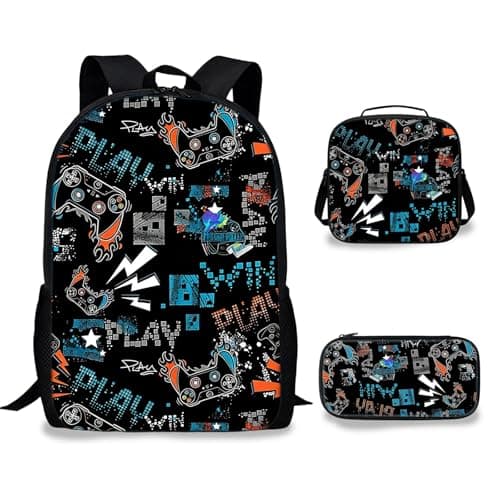 Image of Fakcrkun Gaming Backpack for Boys, 3 Pcs Gamer Themed School Backpack Set with Lunch Bag & Pencil Case, Large Capacity School Bag Waterproof Lightweight Laptop Backpacks for Teenagers & Students