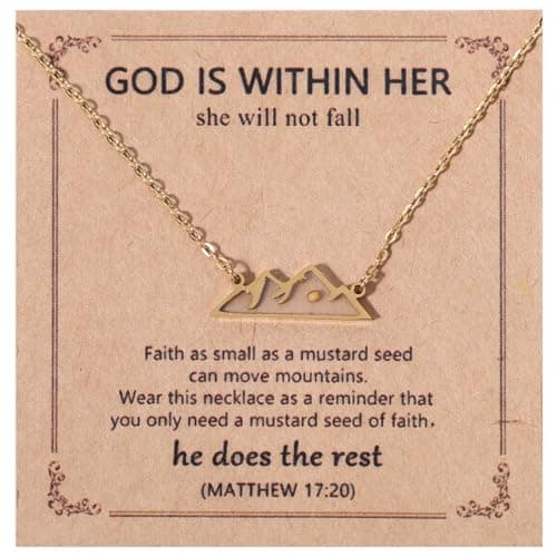Image of Mikovivi Mustard Seed Necklace, Gold Mountain Shaped Faith Necklace with Motivation Card Mustard Seed Pendant Mustard Seed Jewelry Religious Necklaces Perfect Christian Gifts for Women