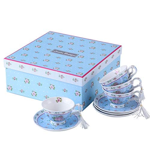 Image of London Boutique Tea cup and Saucer set 4 Afternoon Tea Set Shabby Chic Vintage porcelain Bird Butterfly Flora Gift Box (Rose Blue)