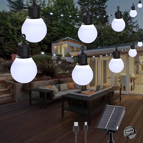 Image of Tacobey Solar String Lights Outdoor Garden - USB Rechargable, 32.8Ft/10m 100 LED Solar Powered Fairy Lights with 20 Shatterproof G40 Blubs, 8 Modes Waterproof Lights, Garden Camping Decor - Cool White