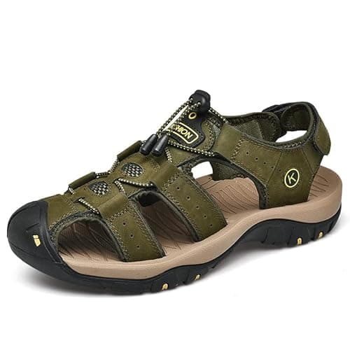Image of Men's Hiking Sandals Closed Toe Walking Sandals Beach Sandals Leather Summer Shoes For Trekking , Heel Strap for Sports and Outdoors Gardening Lightweight Comfortable Adjustable(Army Green,10)