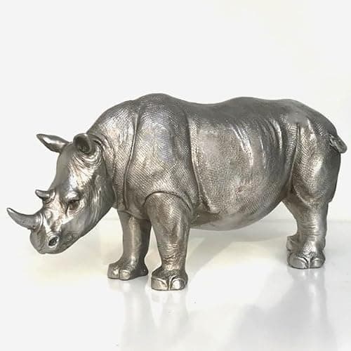 Image of Large Rhino figurine in antique silver finish, on trend home decoration, great Rhinoceros, wildlife or safari animal lover gift or collectable
