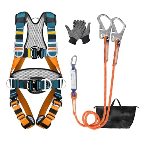 Image of Full Body Safety Harness Kit with Dual Energy Absorbing Lanyards, 140kg Load, Breathable Padding, Quick-Release Buckles, Fall Arrest Harness for Roofing, Climbing, Construction, Working at Height, Men