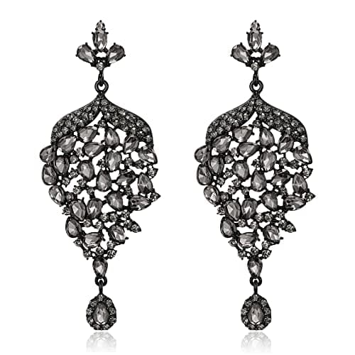 Image of Clearine Women's Stunning Gorgeous Leaf-Shaped Teardrop Cluster Rhinestone Crystal Drop Dangle Earrings for Wedding Bridal Bride Bridesmaid Party Prom Grey Black-Tone