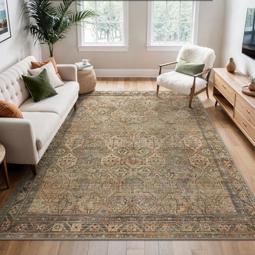 Image of BEIMO Washable Rug for Living Room 120x170cm, Non Slip Area Rugs Low Pile Indoor Carpet, Easy Care, Vintage Retro Floral, Brown & Green