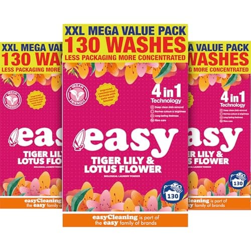Image of easy XXL Biological Laundry Powder (Tiger Lily & Lotus Flower) Vegan Bio Washing Powder Bulk for 130 Deep Clean Washes with Long-Lasting Freshness, Restores Colours, Fibre Care Soap Powder Detergent