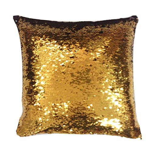 Image of Velosso Magic Reveal Mermaid Sequins Cushion Cover Throw Two Tone Flip Sequins Sparkly Glitter Decor With Sensory Feel (43cm X 43cm Filled Cushion, Black & Gold)