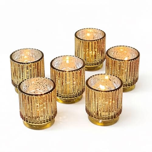 Image of Gold Vintage Ribbed Glass Tealight Votive Candle Holders by Kate Aspen (Set of 6), Fall Decor, Boho Decor, Shelf Decoration | Perfect Hostess Gift or Home Decor