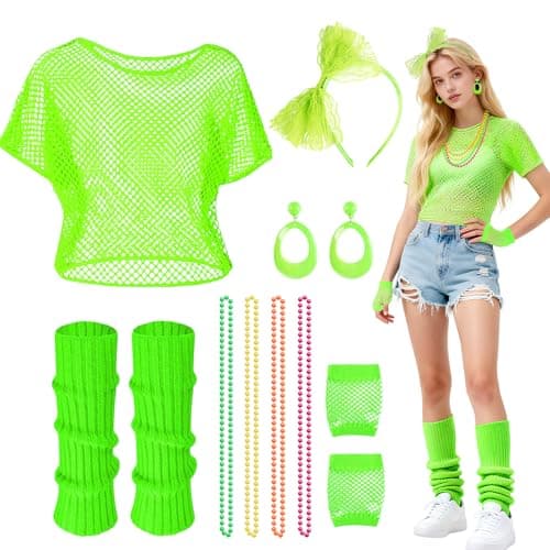 Image of Beamely 80s Fancy Dress Set for Women, 6 Pcs Neon Party Costumes Accessories with Fishnet T-shirt Gloves Headband Necklace Earrings Leg Warmers for Retro 80s Party Dress up Day (green)