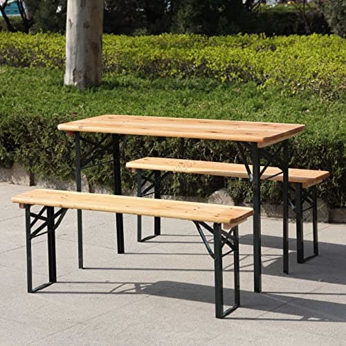 Image of BIRCHTREE 3 Pieces Outdoor Patio Wooden Top Vintage Folding Beer Picnic Dining Table Bench Set Party Pub Garden Furniture Steel 2 Legs 117cm Natural