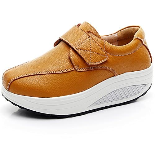Image of rismart Women's Wedge Hook&Loop Comfy Cute Leather Trainers Shoes SN8787(tan,uk3.5)