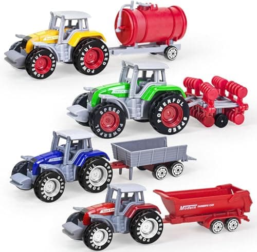 Image of Tcvents Farm Tractor Toys with Trailer, Metal Alloy Toy For Boys 4Pcs Detachable Die-Cast Truck Toys for Kids 3 4 5 6 7 8 Birthday Gifts, Cake Decorations